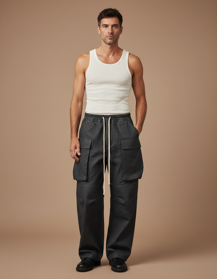 Pantalon Cargo Noir Ample Coton Multipoches Homme - Toile