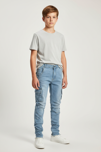 Pantalon Cargo Denim Bleu Slim Multipoches Enfant - Jean