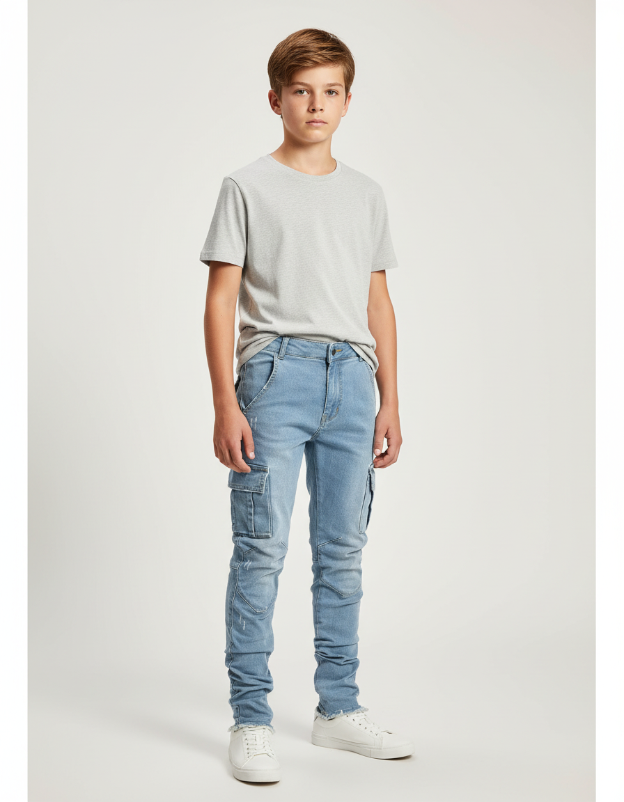 Pantalon Cargo Denim Bleu Slim Multipoches Enfant - Jean