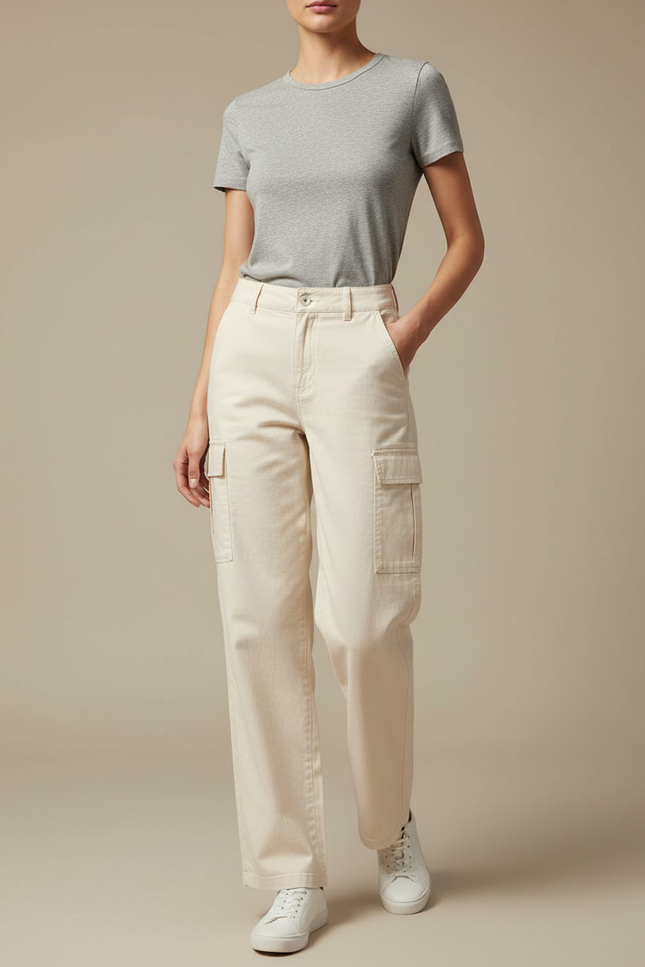 Pantalon Cargo Crème Ample Coton Taille Haute - Beige