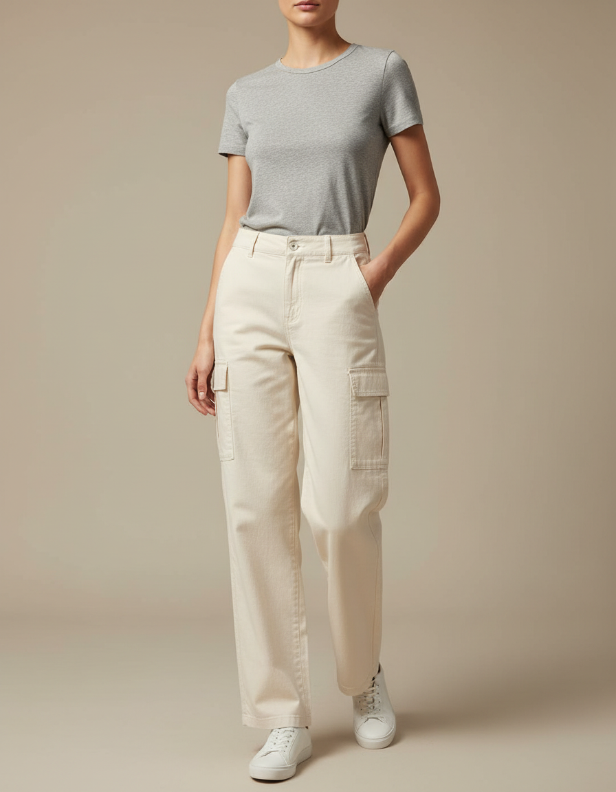 Pantalon Cargo Crème Ample Coton Taille Haute - Beige