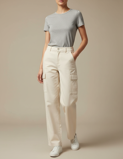 Pantalon Cargo Crème Ample Coton Taille Haute - Beige