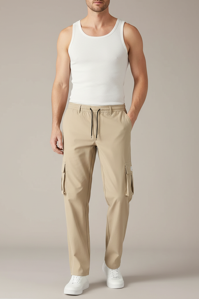 Pantalon Cargo Beige Ample Décontracté Multipoches Homme - Polyester