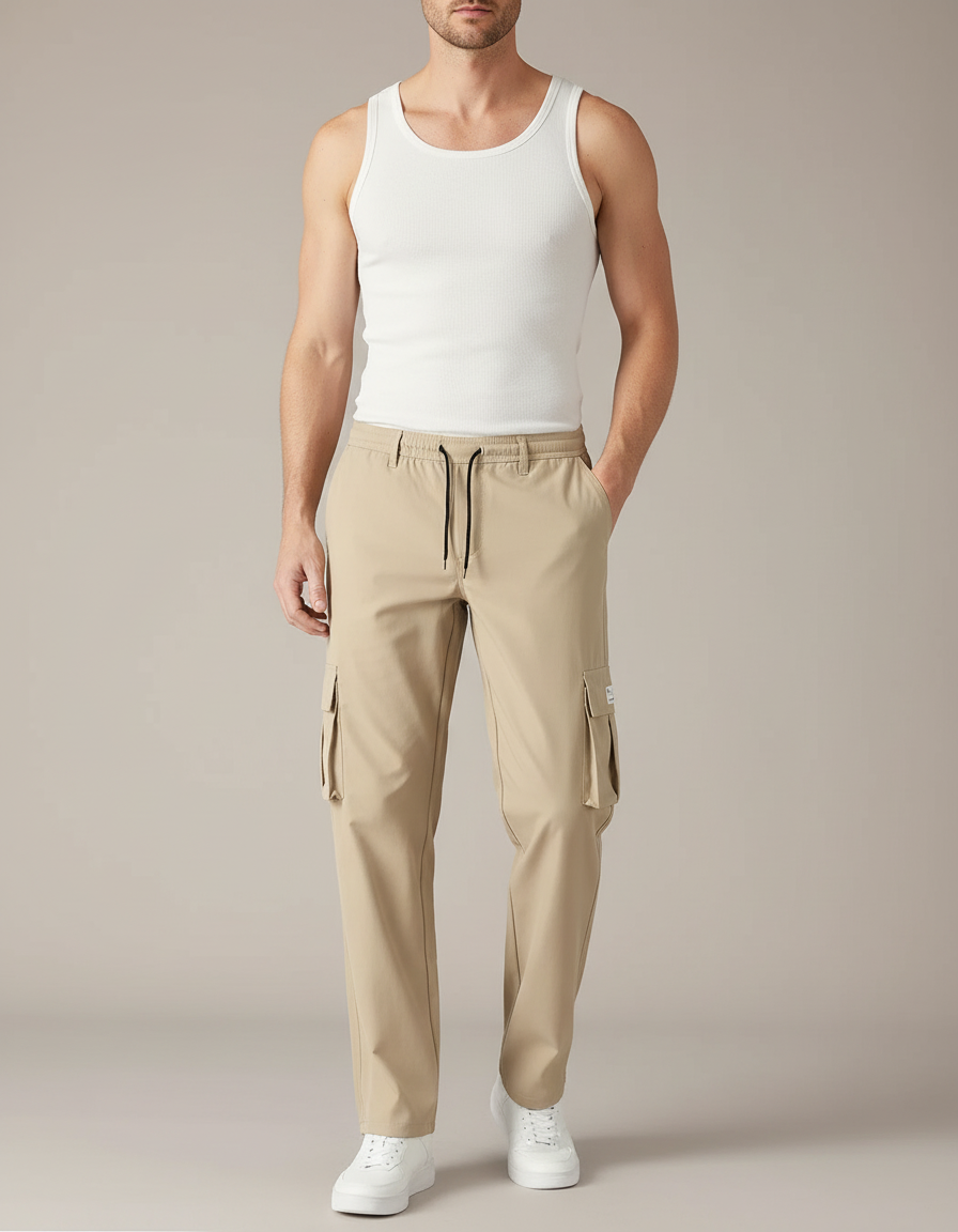 Pantalon Cargo Beige Ample Décontracté Multipoches Homme - Polyester