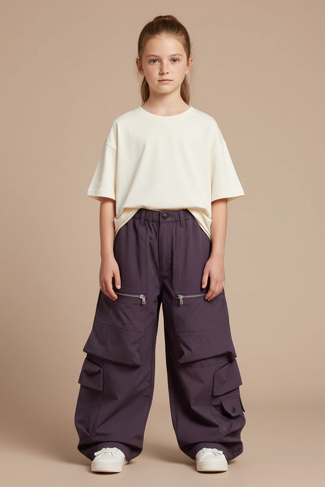 Pantalon Cargo Fermeture Eclair - Violet Polyester