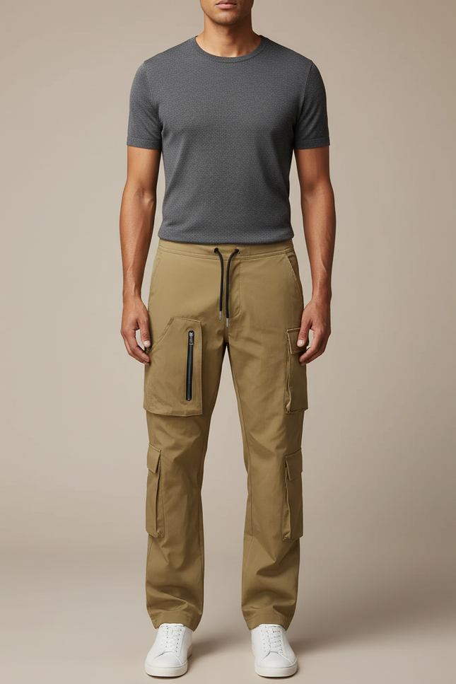 Pantalon Cargo Kaki Multipoches Zippées Décontracté Homme - Gabardine