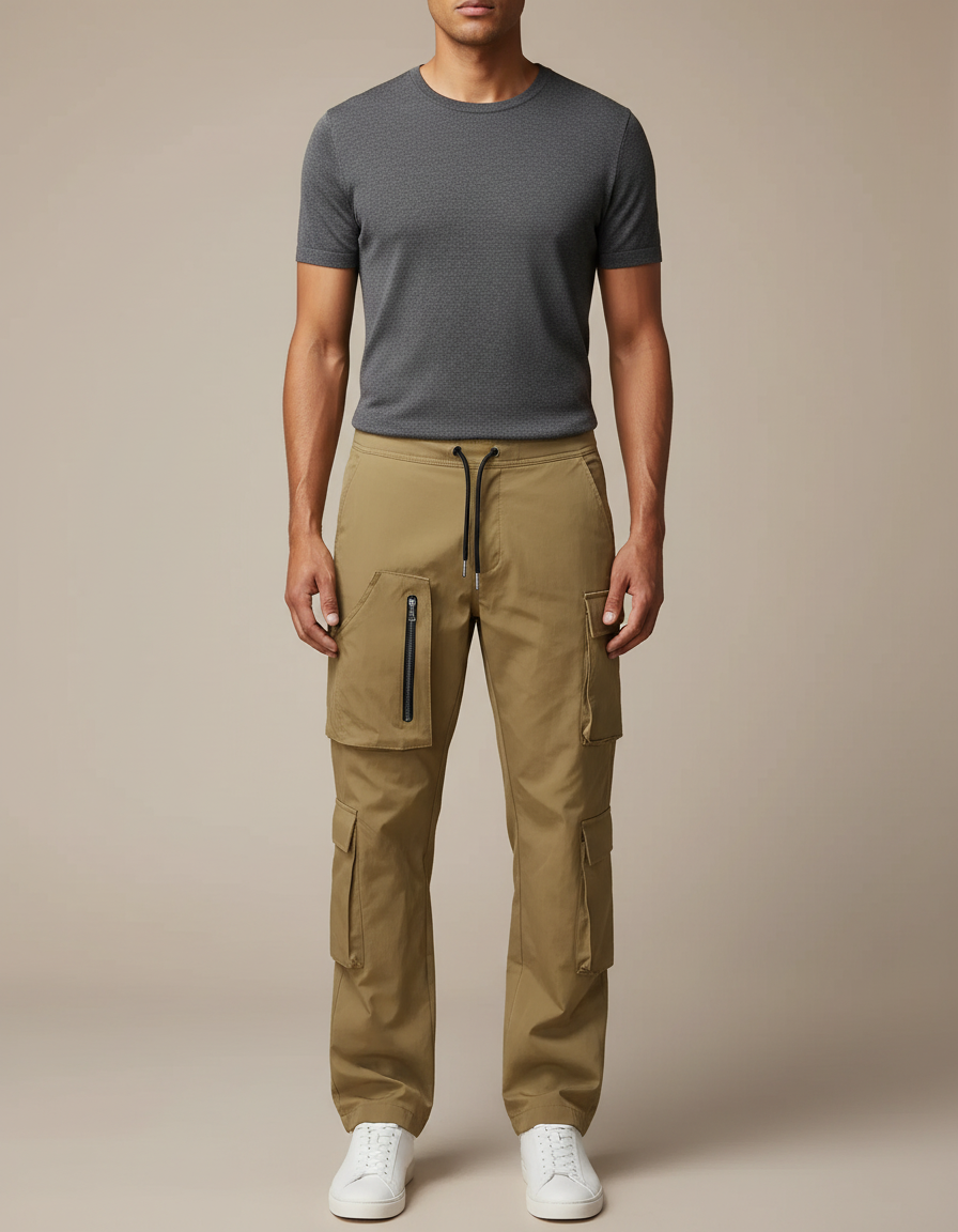 Pantalon Cargo Kaki Multipoches Zippées Décontracté Homme - Gabardine