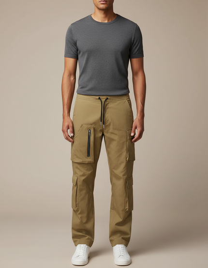 Pantalon Cargo Kaki Multipoches Zippées Décontracté Homme - Gabardine