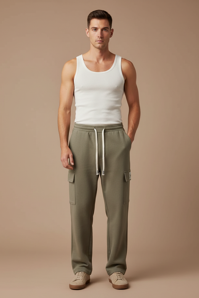 Pantalon Cargo Kaki Ample Molletonné Homme Décontracté