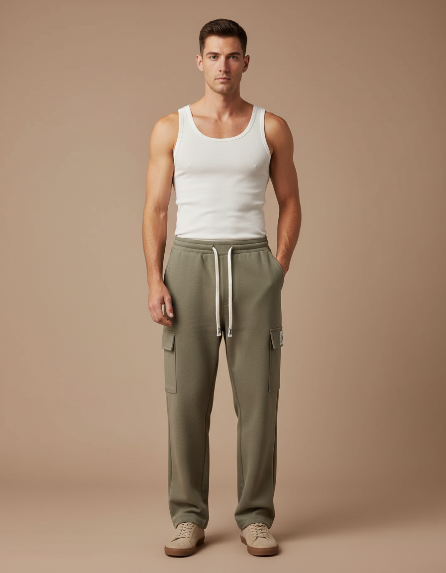 Pantalon Cargo Kaki Ample Molletonné Homme Décontracté