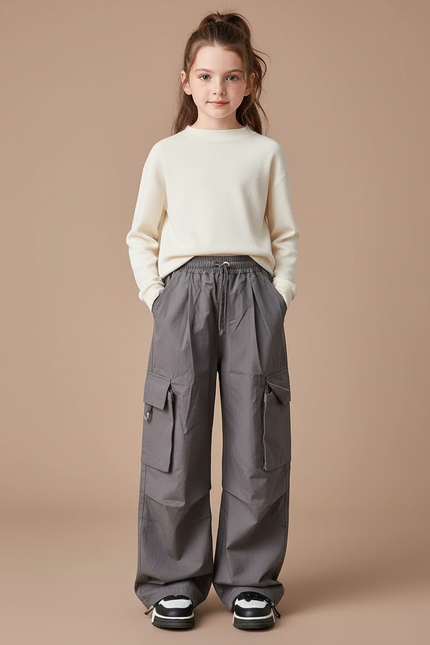 Pantalon Cargo Gris Ample Poches Fille - Toile
