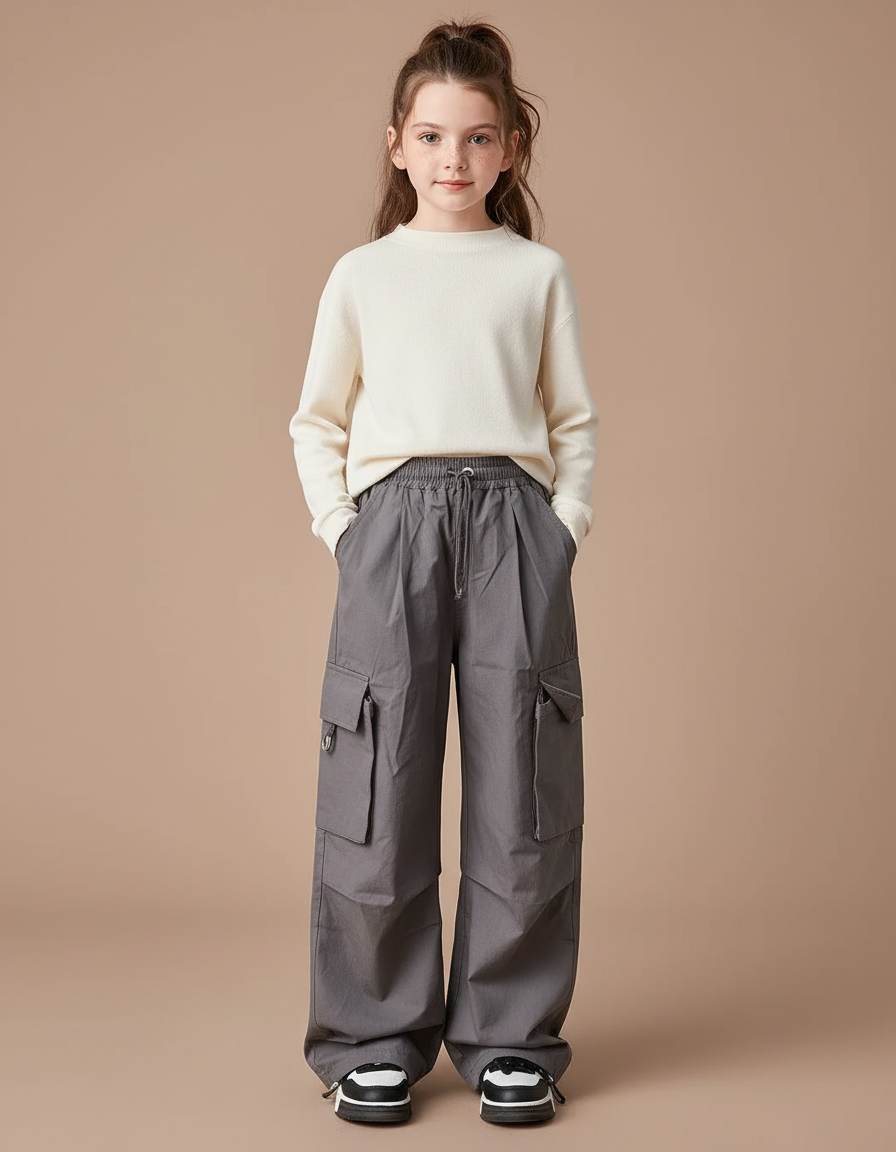 Pantalon Cargo Gris Ample Poches Fille - Toile