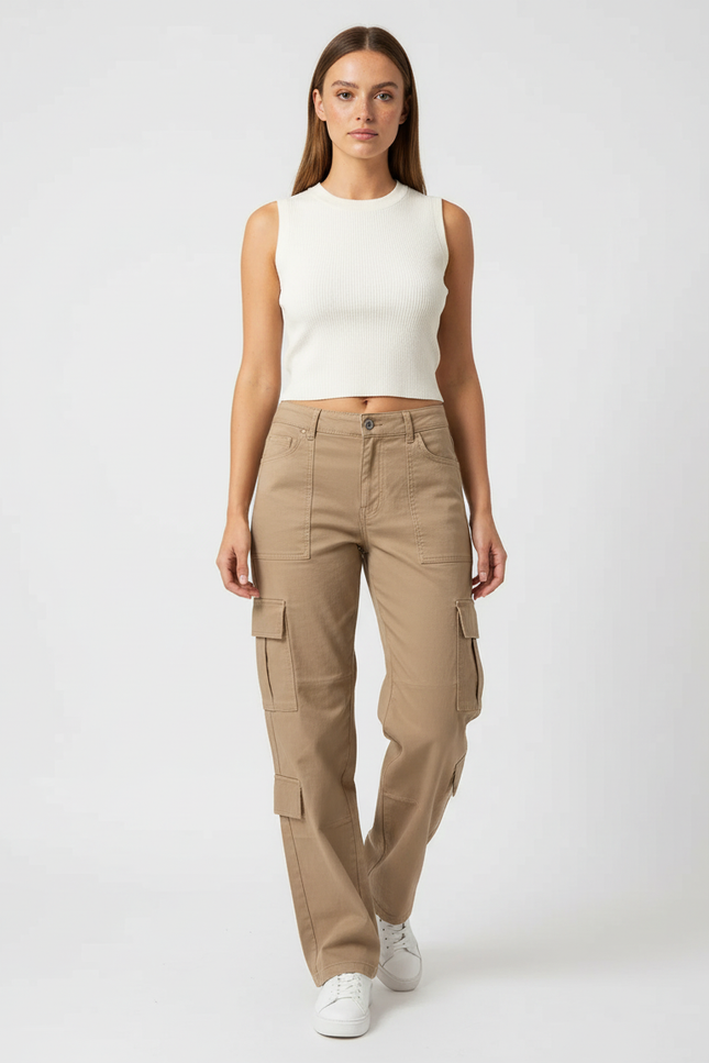 Pantalon Cargo Beige Ample Multipoches Décontracté Femme - Toile