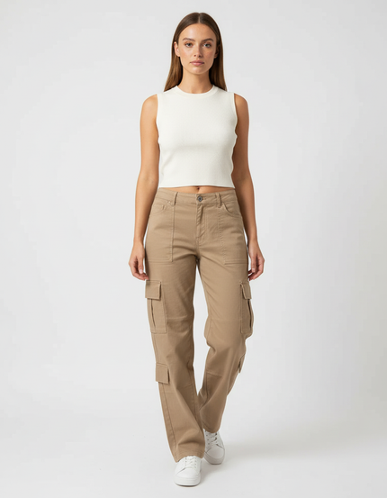 Pantalon Cargo Beige Ample Multipoches Décontracté Femme - Toile
