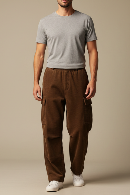 Pantalon Cargo Marron Velours Côtelé Ample Homme