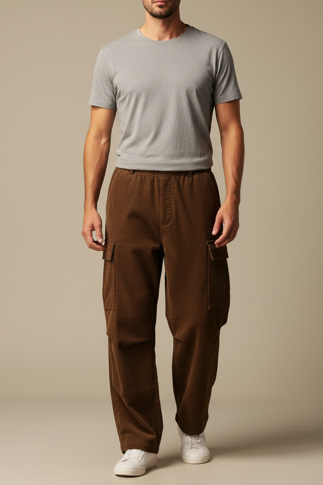 Pantalon Cargo Marron Velours Côtelé Ample Homme