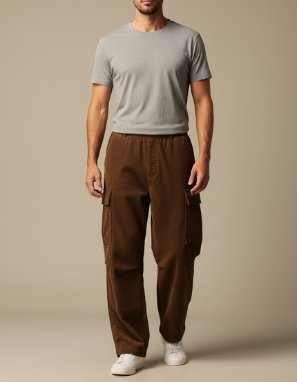 Pantalon Cargo Marron Velours Côtelé Ample Homme