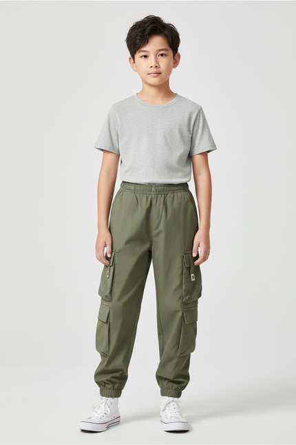 Pantalon Cargo Vert Olive Ample Enfant - Kaki Toile