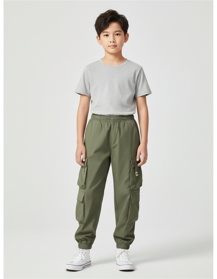Pantalon Cargo Vert Olive Ample Enfant - Kaki Toile