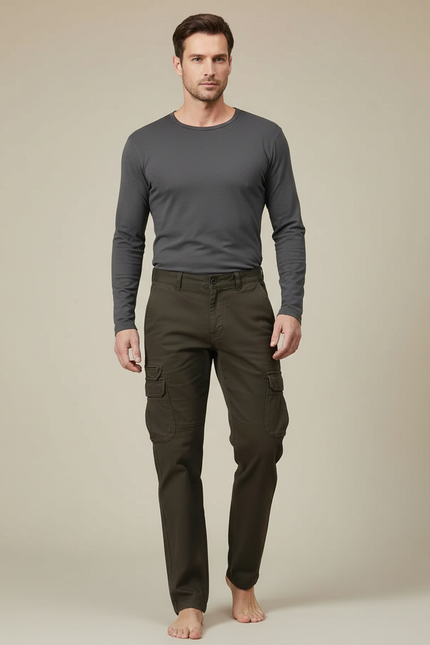 Pantalon Cargo Homme Vert Multipoches Coton Décontracté - Kaki Toile