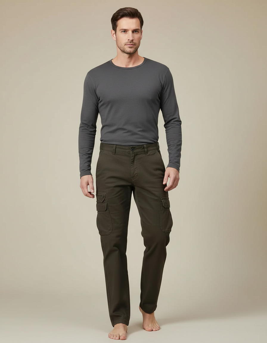 Pantalon Cargo Homme Vert Multipoches Coton Décontracté - Kaki Toile
