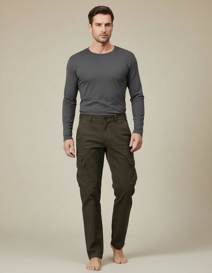 Pantalon Cargo Homme Vert Multipoches Coton Décontracté - Kaki Toile