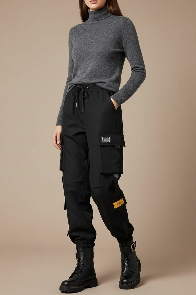 Pantalon Cargo Noir Fluide Multipoches Décontracté Femme - Polyester