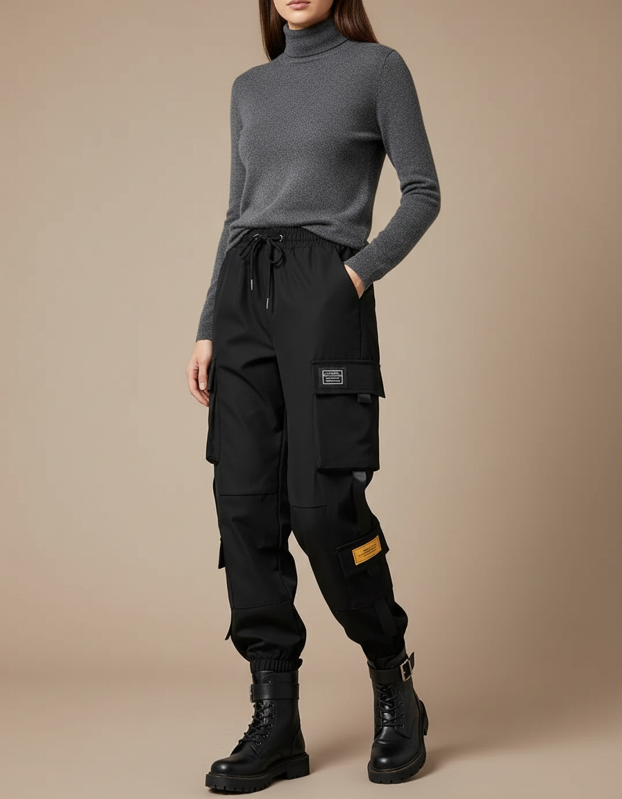 Pantalon Cargo Noir Fluide Multipoches Décontracté Femme - Polyester