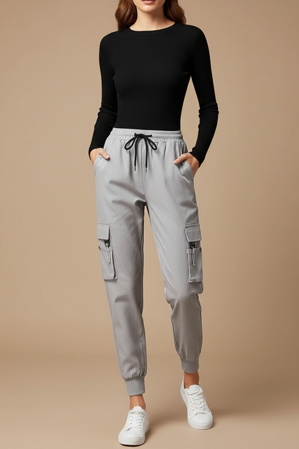 Pantalon Cargo Gris Femme Décontracté Multi-Poches Coton - Polyester