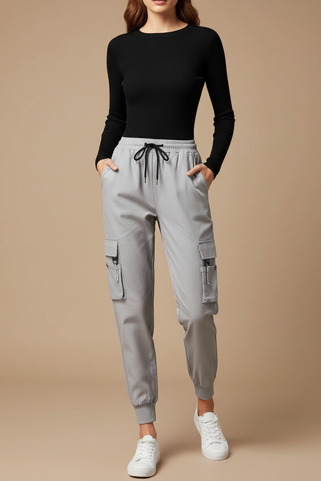 Pantalon Cargo Gris Femme Décontracté Multi-Poches Coton - Polyester