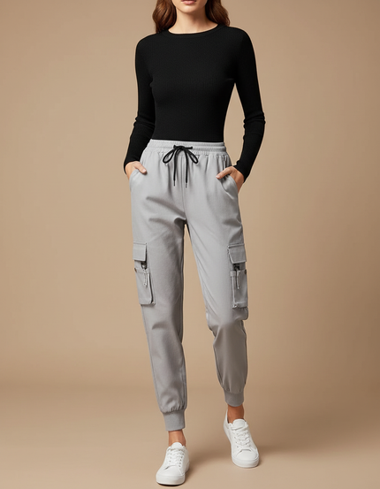 Pantalon Cargo Gris Femme Décontracté Multi-Poches Coton - Polyester