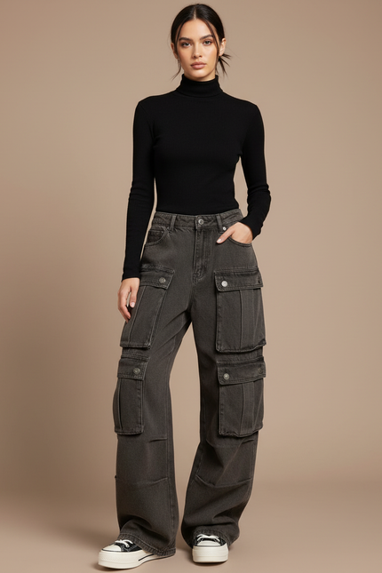 Pantalon Cargo Ample Délavé Multipoches Streetwear Femme - Gris Jean
