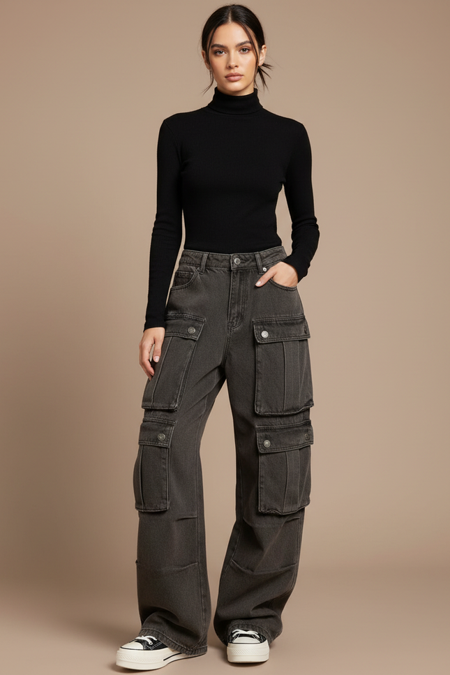 Pantalon Cargo Ample Délavé Multipoches Streetwear Femme - Gris Jean