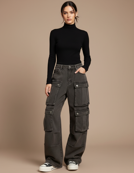 Pantalon Cargo Ample Délavé Multipoches Streetwear Femme - Gris Jean
