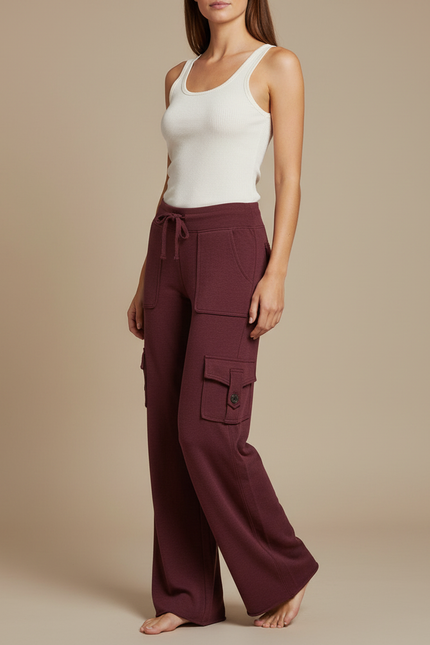 Pantalon Cargo Bordeaux Ample Molletonné Multipoches Femme