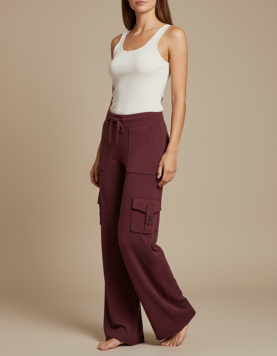 Pantalon Cargo Bordeaux Ample Molletonné Multipoches Femme