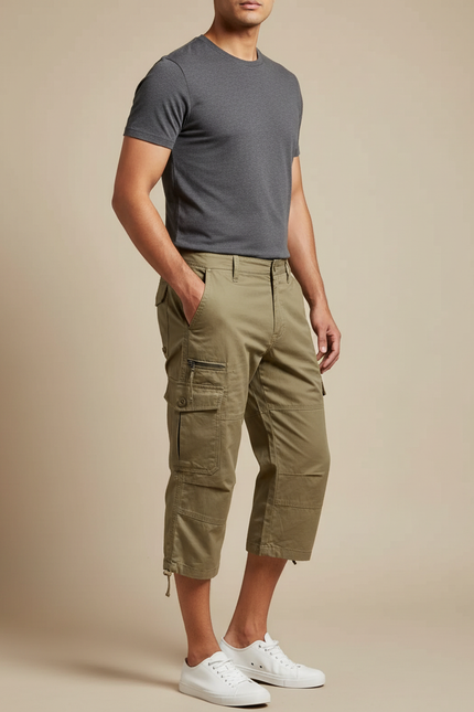 Pantalon Cargo Kaki Court Multipoches Homme Coton - Toile