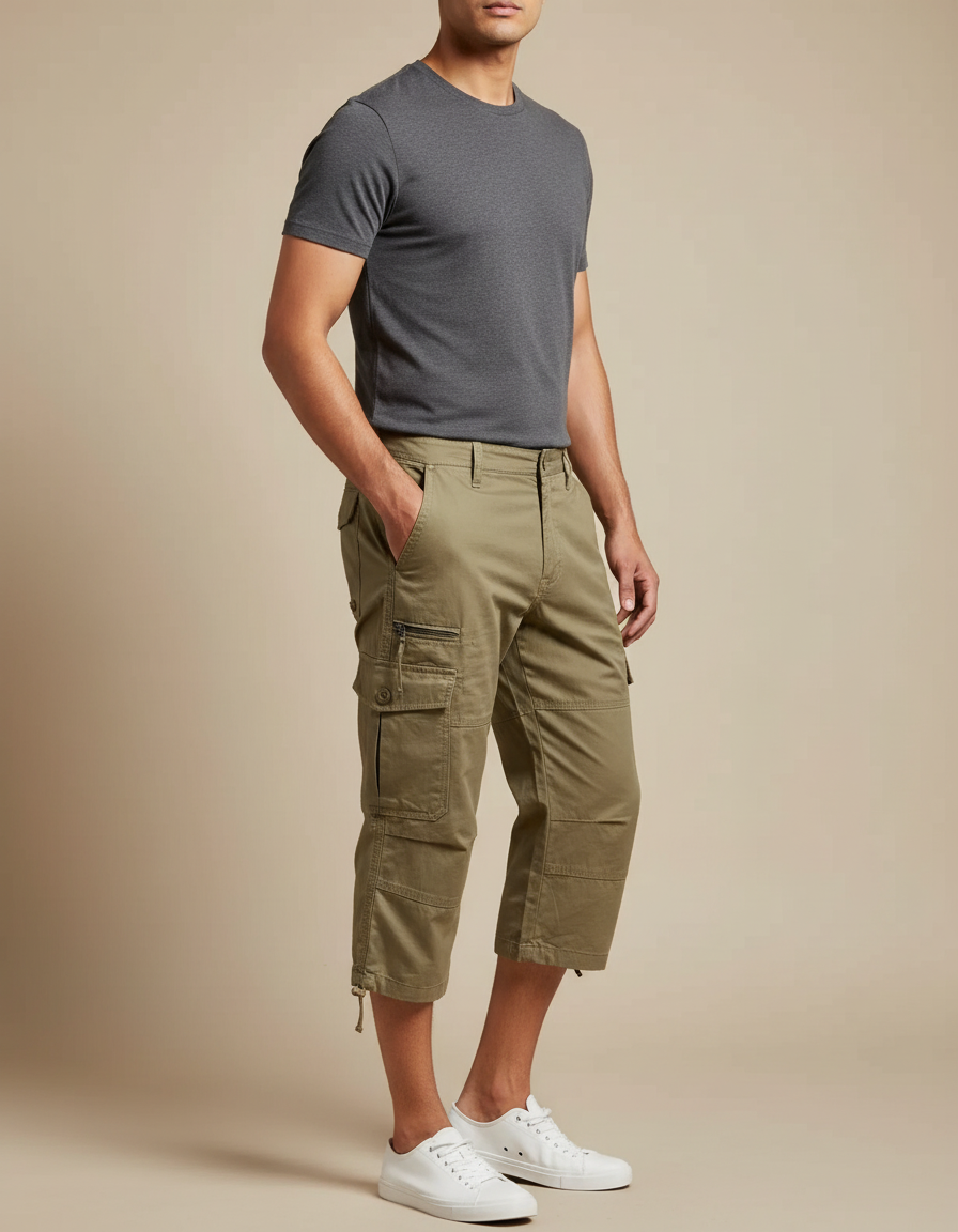 Pantalon Cargo Kaki Court Multipoches Homme Coton - Toile