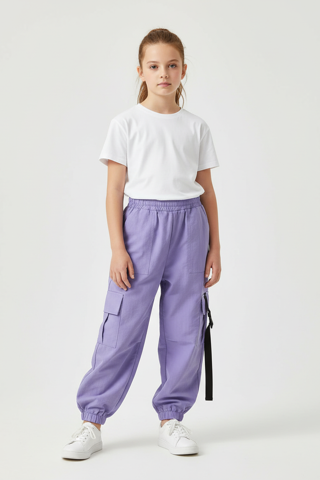 Pantalon Cargo Ample Violet Poches Sangles Enfant - Toile