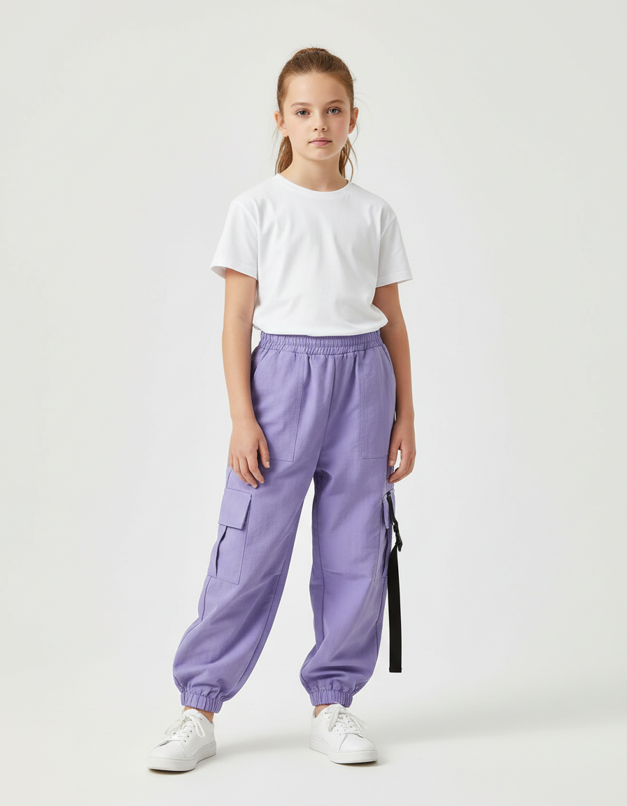 Pantalon Cargo Ample Violet Poches Sangles Enfant - Toile