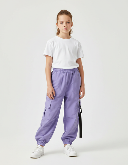Pantalon Cargo Ample Violet Poches Sangles Enfant - Toile