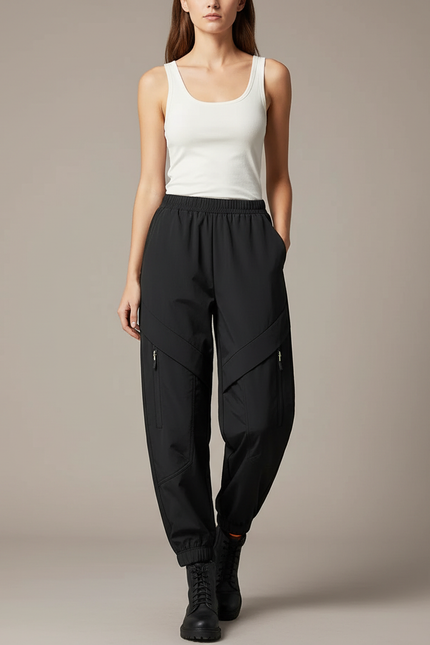 Pantalon Cargo Noir Décontracté Zippé Multipoches Femme - Polyester
