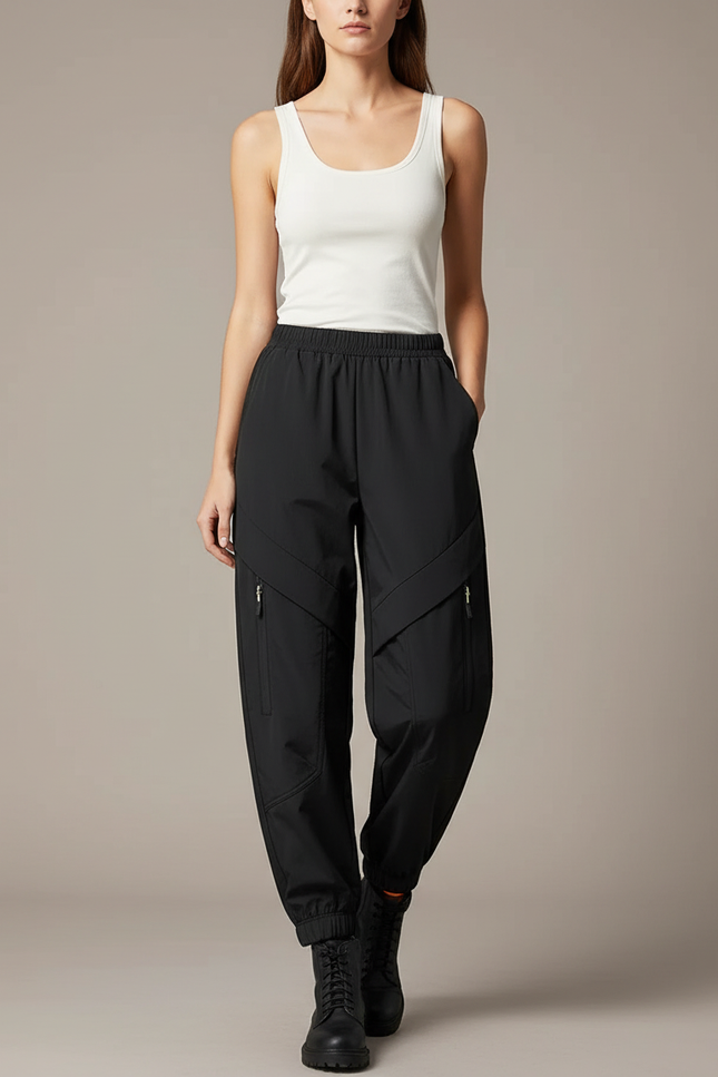 Pantalon Cargo Noir Décontracté Zippé Multipoches Femme - Polyester