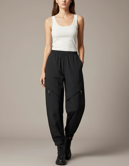 Pantalon Cargo Noir Décontracté Zippé Multipoches Femme - Polyester