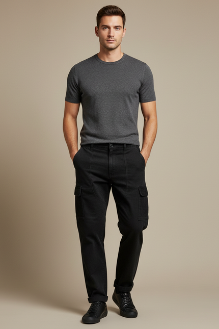Pantalon Cargo Noir Coton Multipoches Tapered Homme