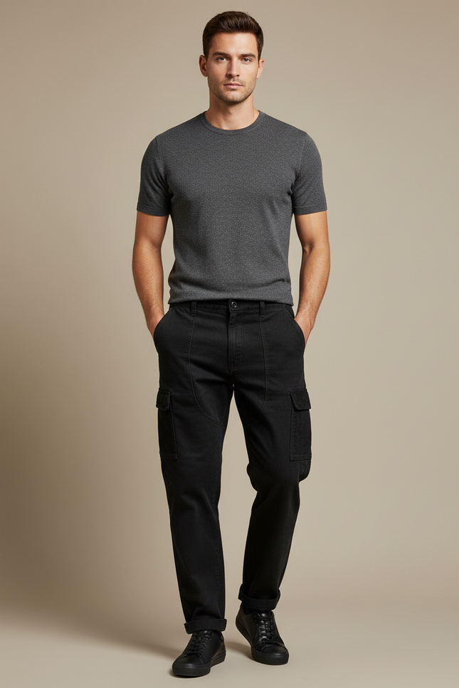 Pantalon Cargo Noir Coton Multipoches Tapered Homme