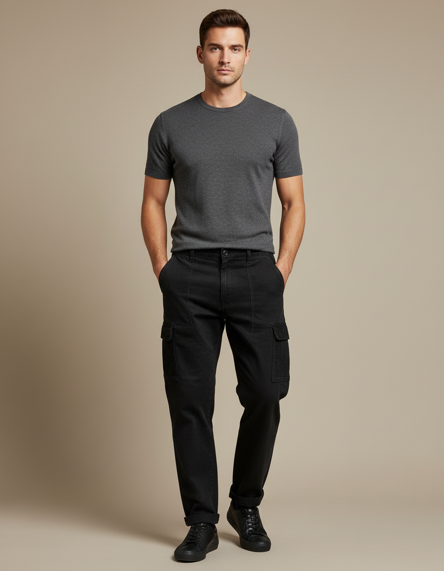 Pantalon Cargo Noir Coton Multipoches Tapered Homme