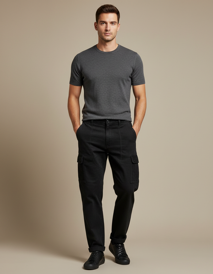Pantalon Cargo Noir Coton Multipoches Tapered Homme