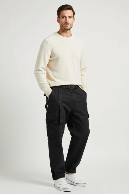 Pantalon Cargo Noir Coton Ample Décontracté Multipoches Homme