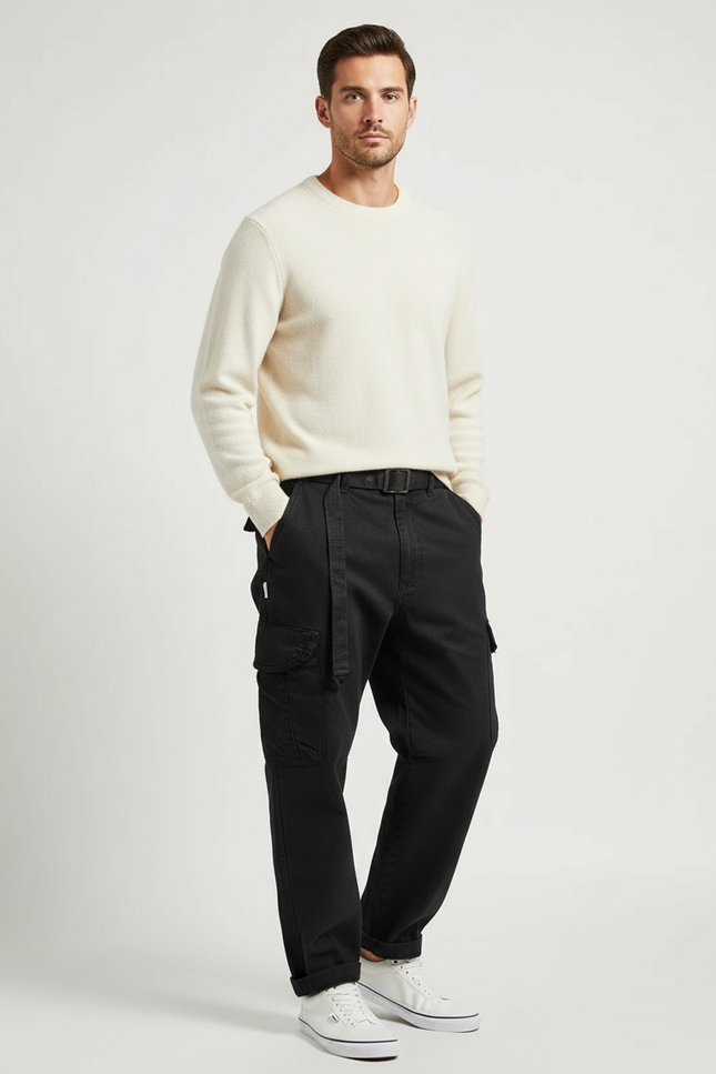 Pantalon Cargo Noir Coton Ample Décontracté Multipoches Homme